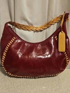 Kenneth's Cole New York Women's Burgundy Leather Hobo Bag with Braided Tan Strap
